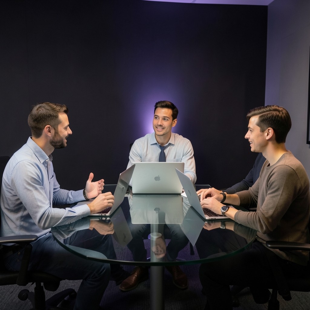 Small research team collaborating around a table with laptops in a modern office