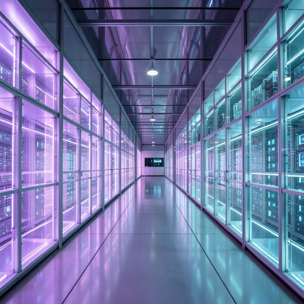 Rows of illuminated digital archive shelves in a futuristic library setting