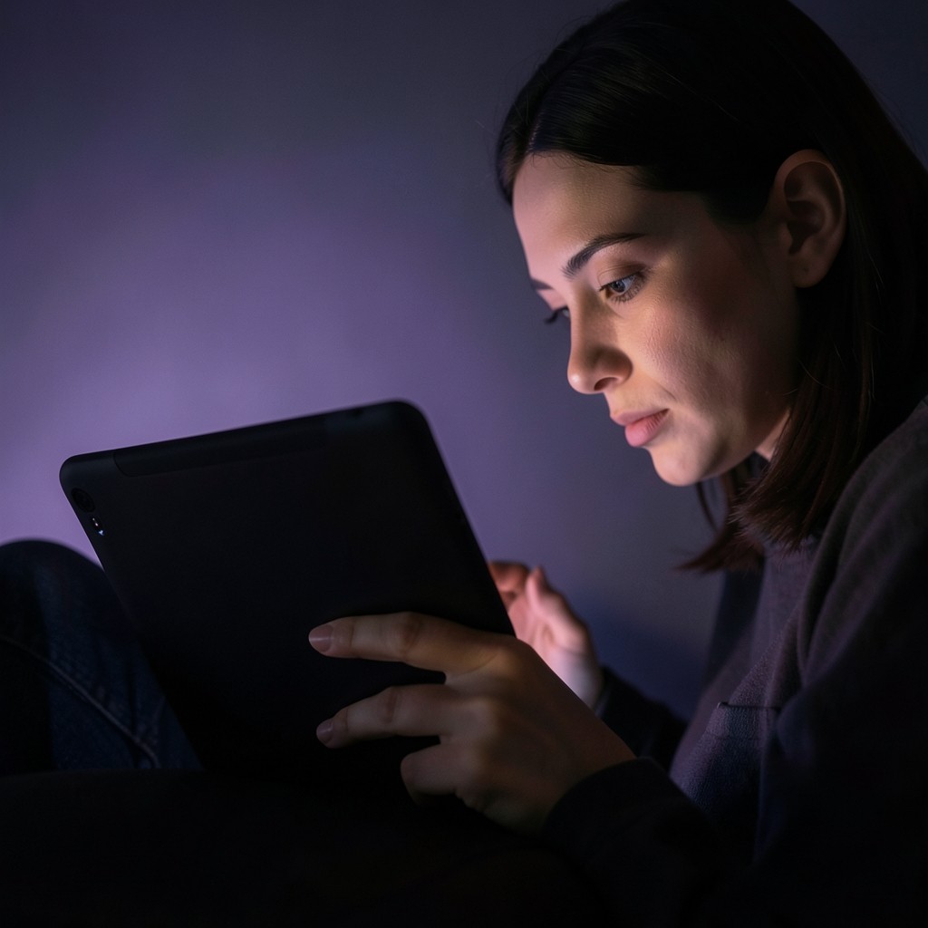 Person reading research documents on a tablet with ambient purple lighting